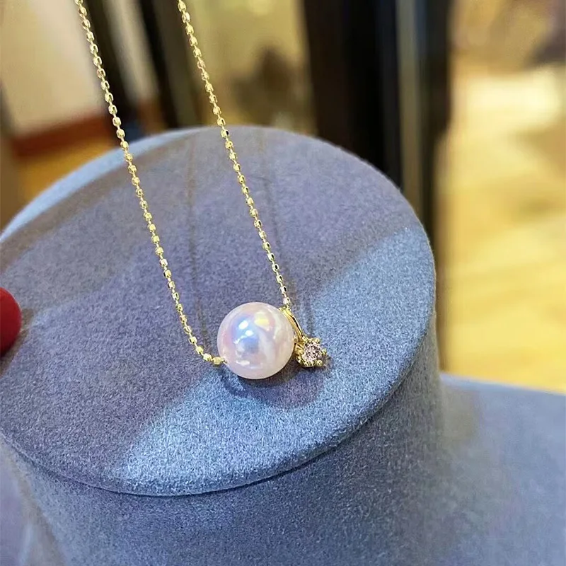 Natural Akoya Saltwater Pearl Necklace, Single Lulutong Pendant 18K Yellow Gold Collarbone Chain, Eternal Flow Jewelry