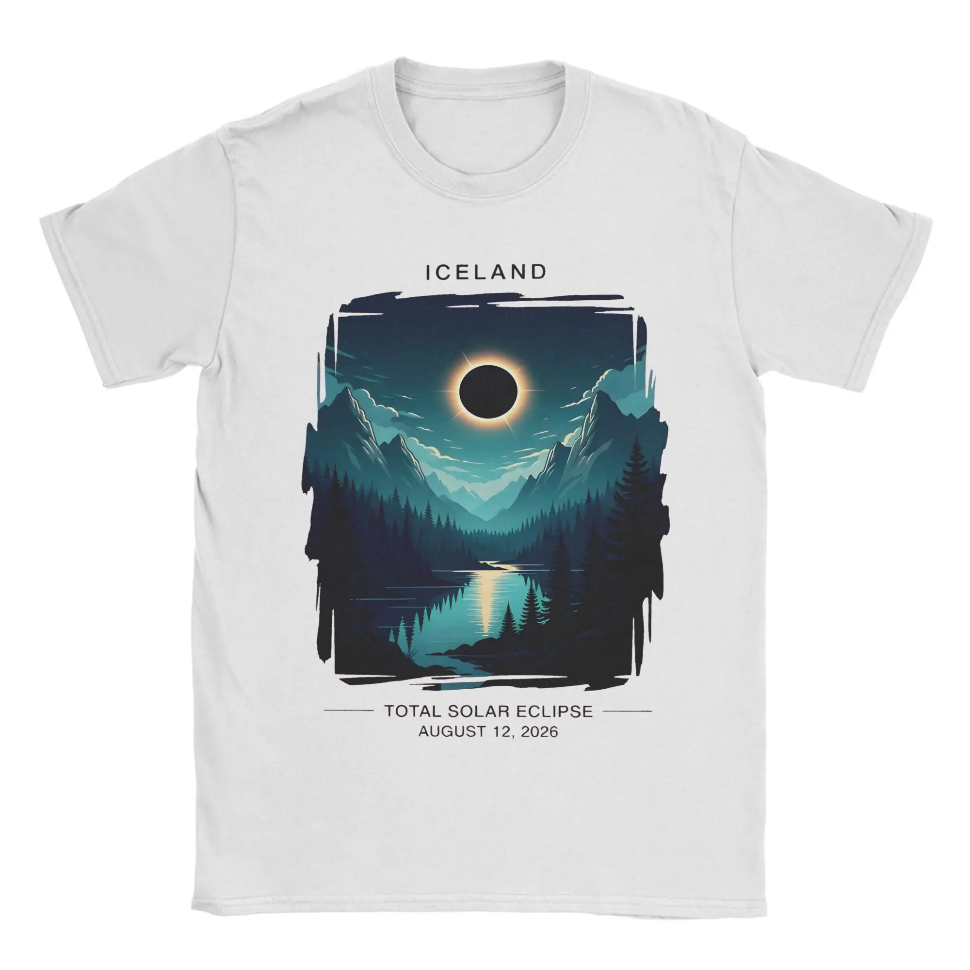 Print Iceland Eclipse 2026 August 12 Total Solar Eclipse Mountains Tshirts 100% Cotton Short Sleeve  Round Neck Summer TopsTops