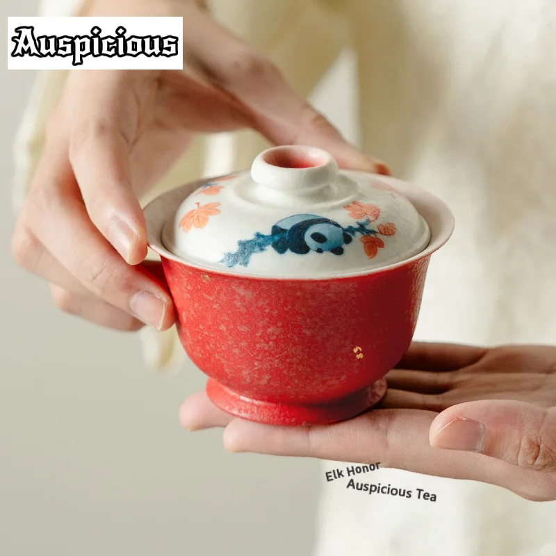105ml Hand Drawn Maple Leaf Panda Gaiwan Aesthetic Tea Tureen Tea Bowl with Lid Kit Tea Maker Cover Bowl Drinkware Ornaments