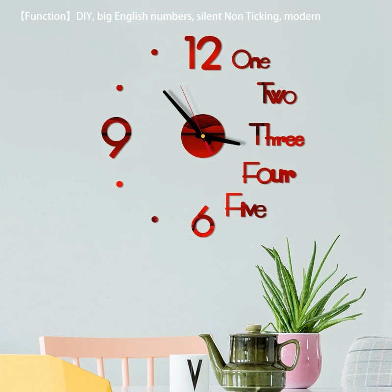 Large Modern 3D Wall Clock Kit,Silent NonTicking DIY Frameless Mirror Quartz Clocks for Living Room Bedroom Decor,Red