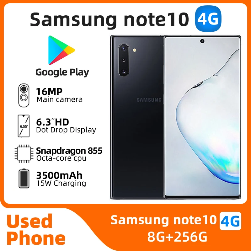 Samsung Galaxy Note10 4g 6,3 дюйма AMOLED-процессор Qualcomm Snapdragon 855 2,8 ГГц 3500 мАч 16 МП камера используется телефон