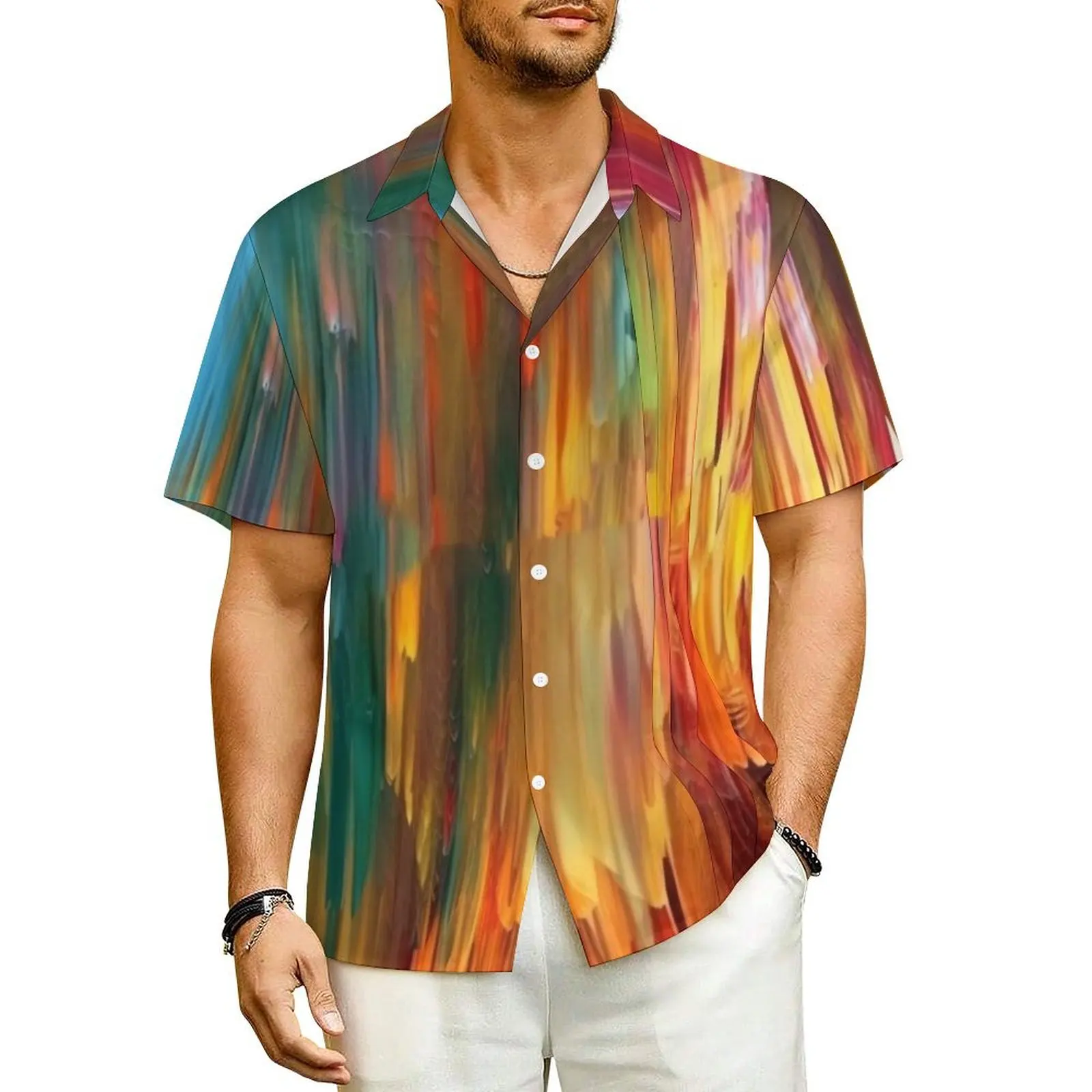 Colorful Brush Casual Shirt Abstract Painting Fire Novelty Hawaiian Shirts Man Short-Sleeved Beach Stylish Oversized Blouses