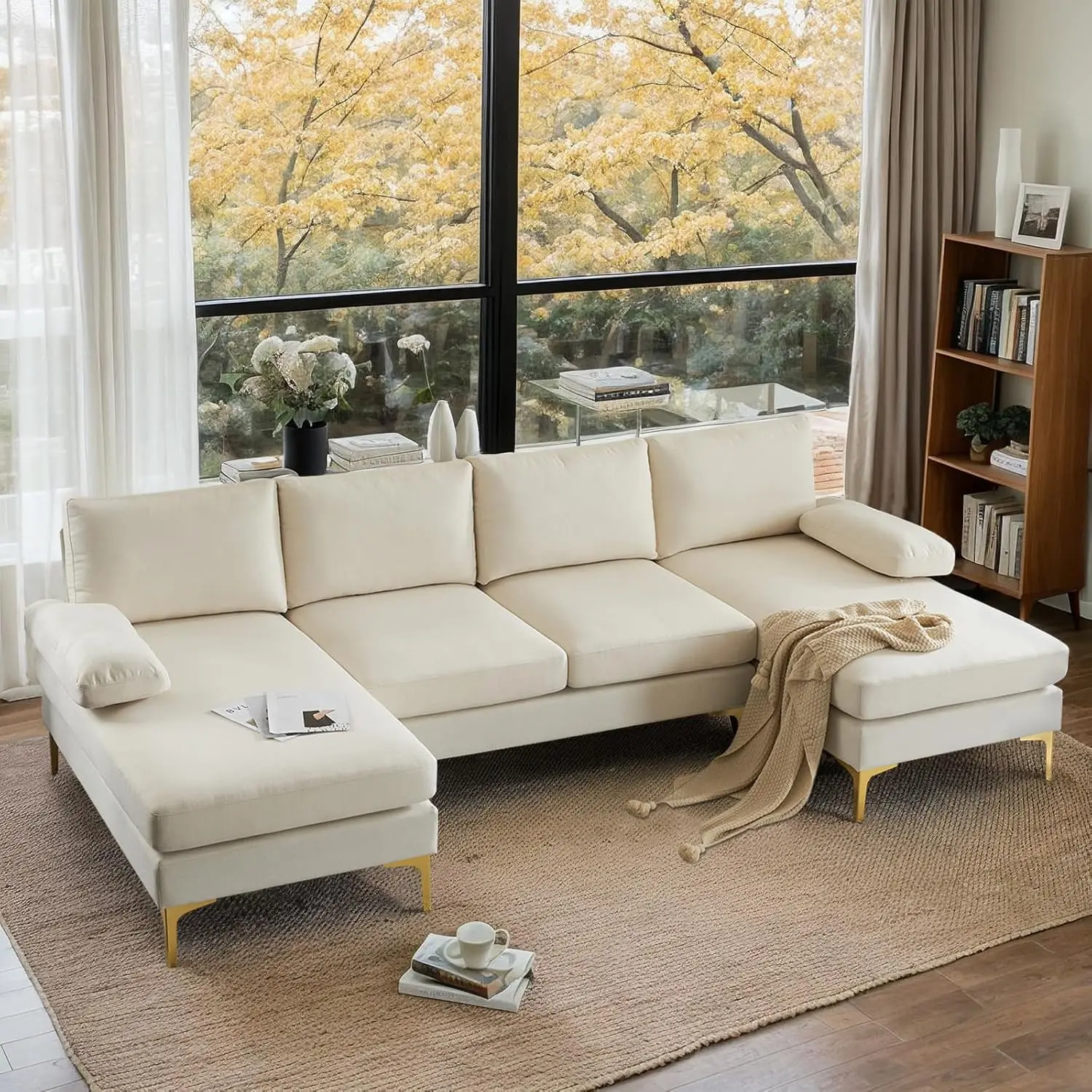 

Modern U Shaped Sectional Couch with Chaise, Beige Deep Seat Sectional Sofa Sets with Seating Padding,Linen Fabric,Metal Legs