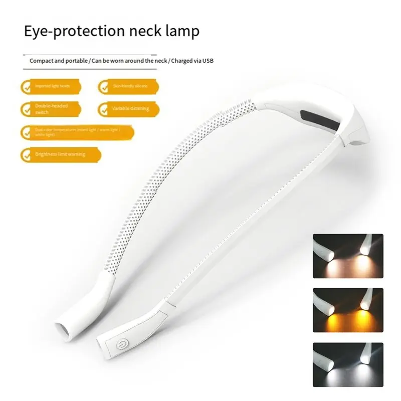 AAAF LED 목걸이 조명 USB 충전식 무단계 조광 3색 북라이트 독서등 수리 작업용 플래시라이트 화이트
