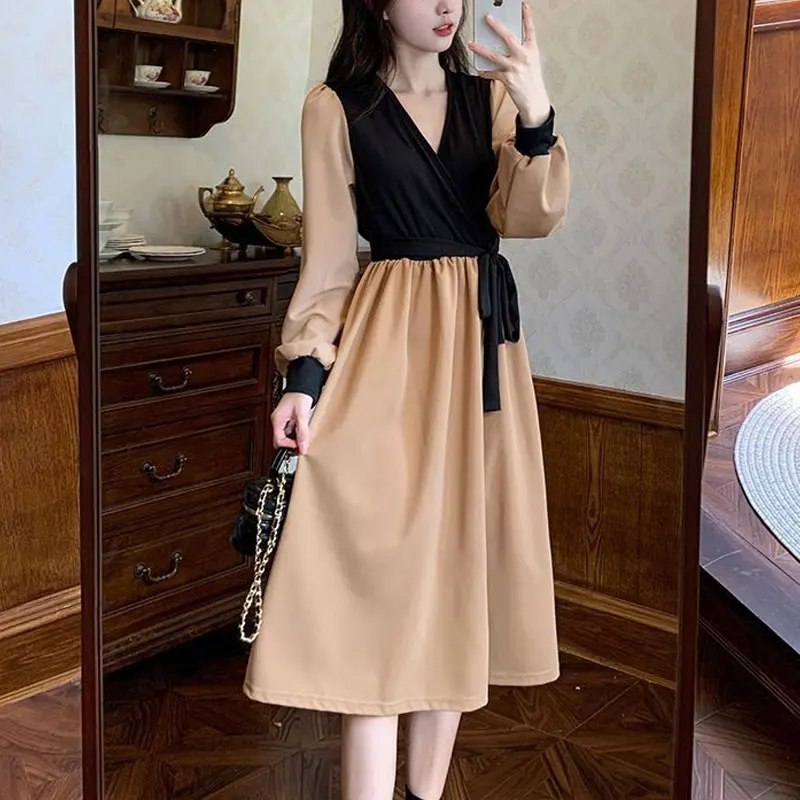 

Commute V-Neck Patchwork Dresses Stylish Drawstring Bow Spring Autumn Contrasting Colors Long Sleeve Female A-Line Midi Dress