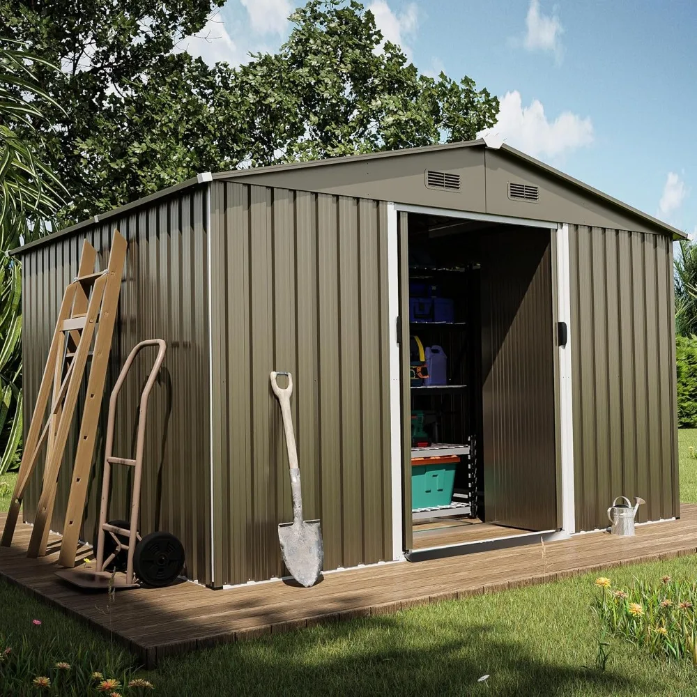 

10FT x 8FT Outdoor Storage shed, Waterproof Lockable Door Metal Tool shed with Sliding Door and Ventilation, Tool Storage Room