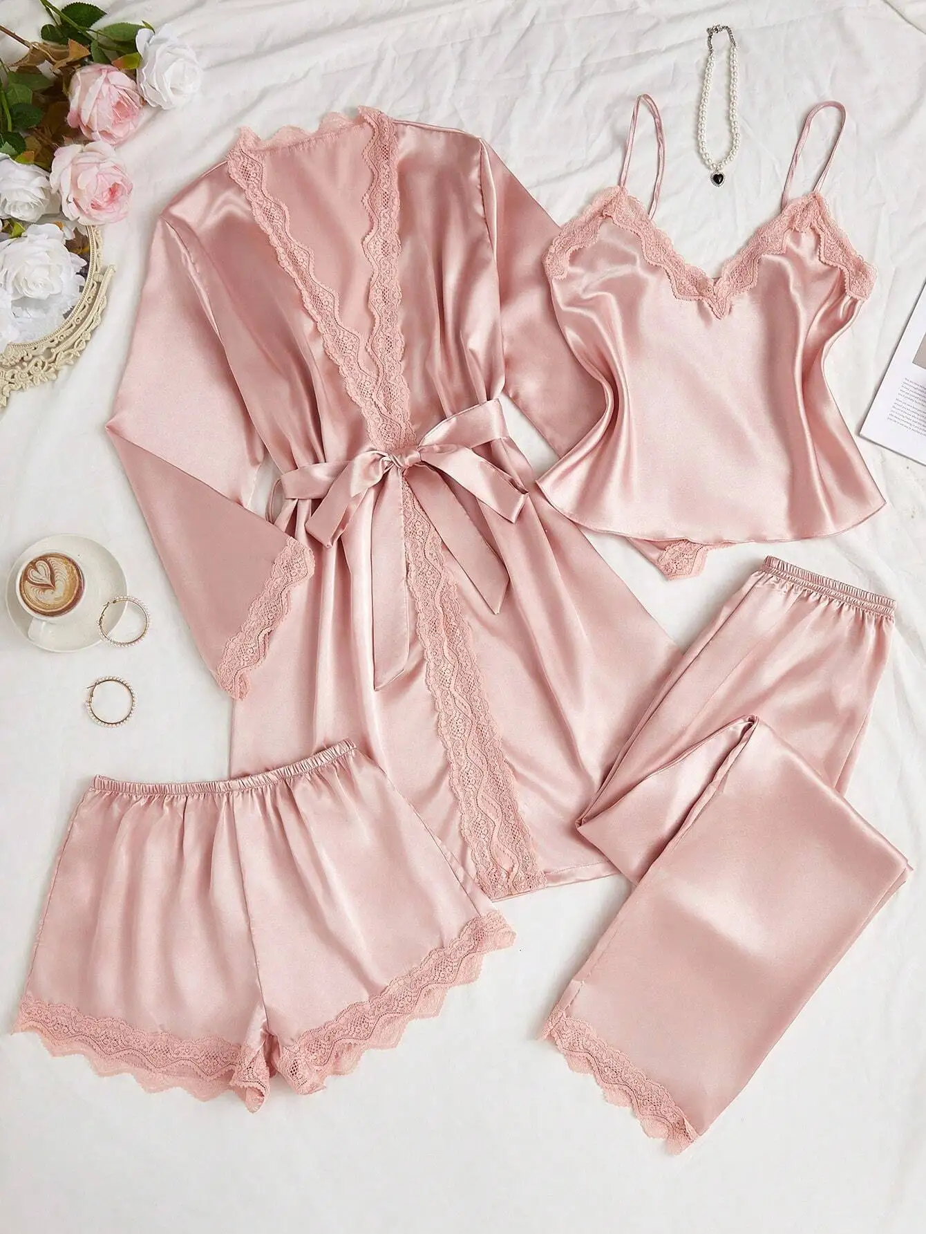 

4-Piece Pink Satin Lace Trim Pajama Set with Robe, Cami, Shorts & Pants