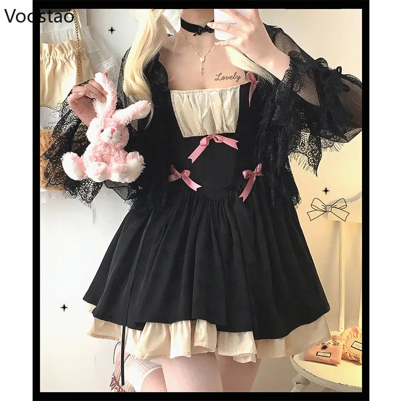 Japanese Kawaii Lolita Mini Dress Summer Women Sweet Satin Bow Sling Dress Gothic Girls Cute Y2k Sleeveless Straps Dress 2023