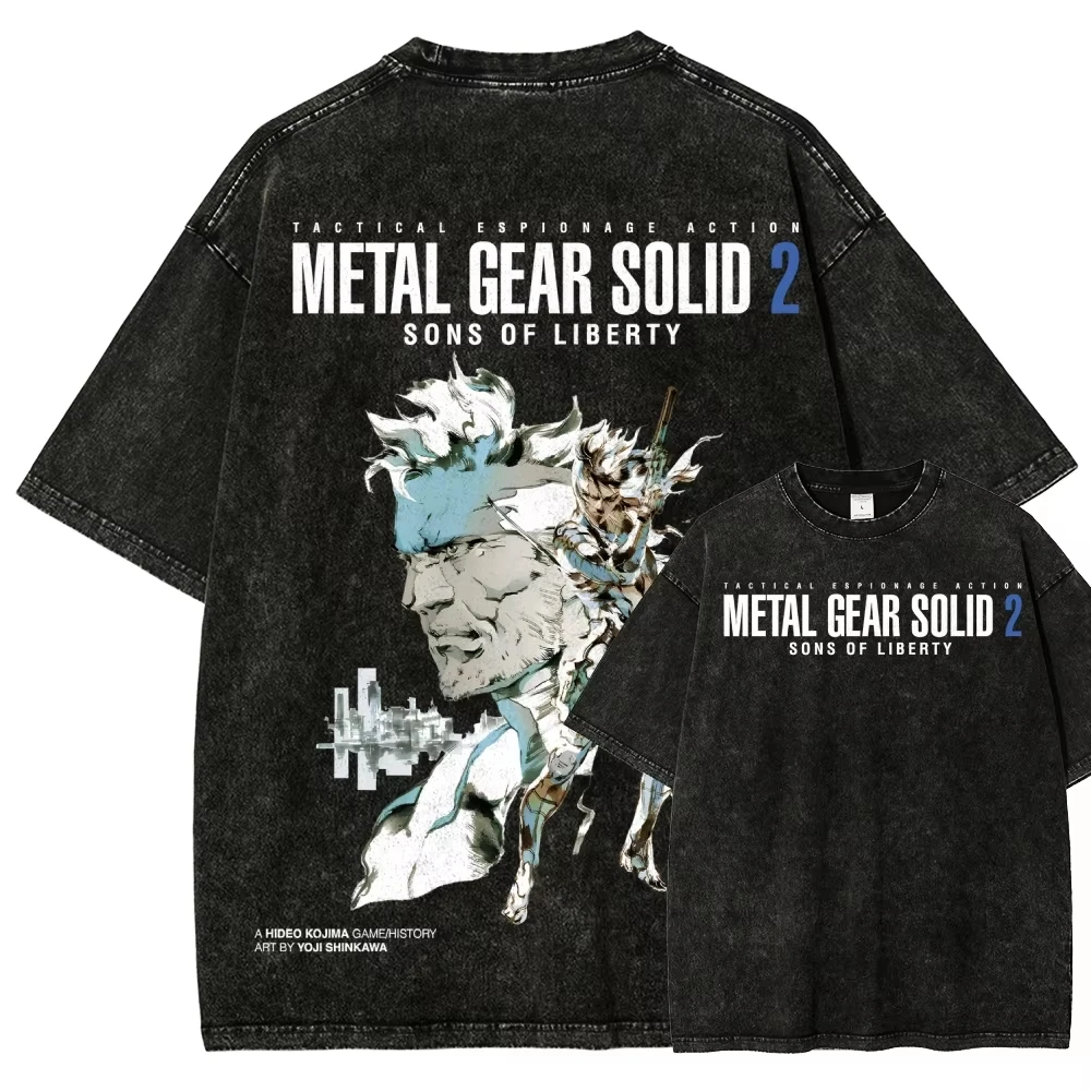 Metal Gear Solid Washed T-shirt Oversized Unisex Vintage Loose Retro Fashion Streetwear Trendy Cotton Short Sleeves Classic soft