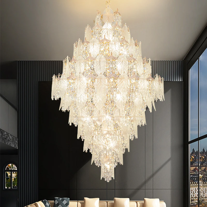 

Duplex Hall Stairwell Crystal Pendant Lights Villa Building Chandelier Luxury Living Room Light Hotel Lobby Lighting