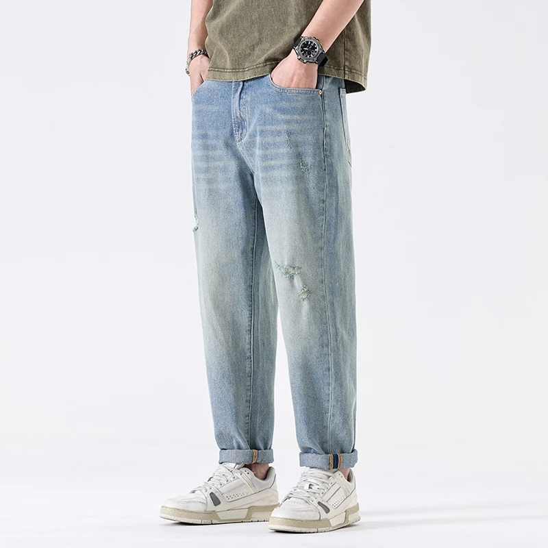 

Trendy Men's High Street American Denim Jeans Summer New Loose Casual Harlan Long Pants Cone ape Hole Wear Resistant Cotton...