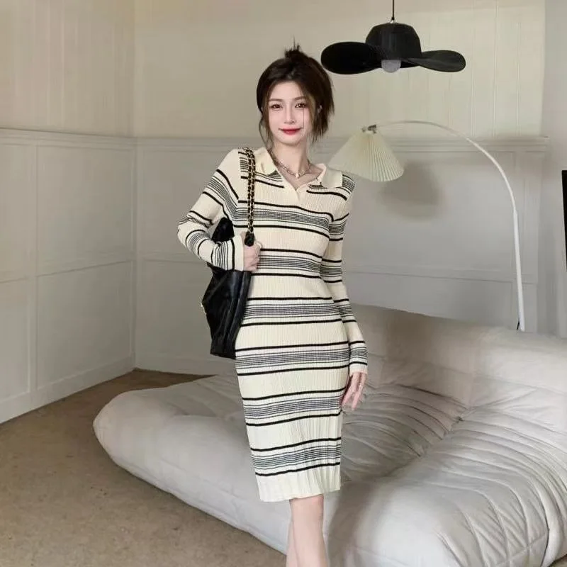 Small crowd polo neck striped knitted long dress spring and autumn 2023 casual waistband for outer wear long sleeve dress female