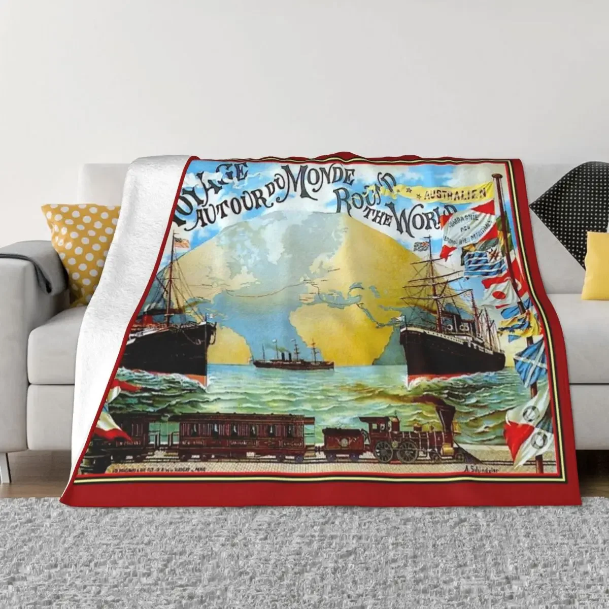 Around The World in 80 Days; Vintage Jules Verne Print Throw Blanket Travel Decorative Sofas Luxury Brand Plaid Blankets