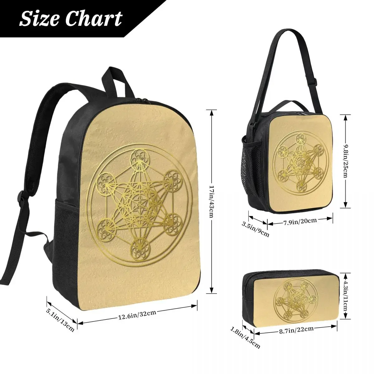 Metatron Cube Sacred Mandala Healing Amulet Backpack Student Boys Girls BookBag School Bag 3ps Insulated Lunch Bag Pencil Case