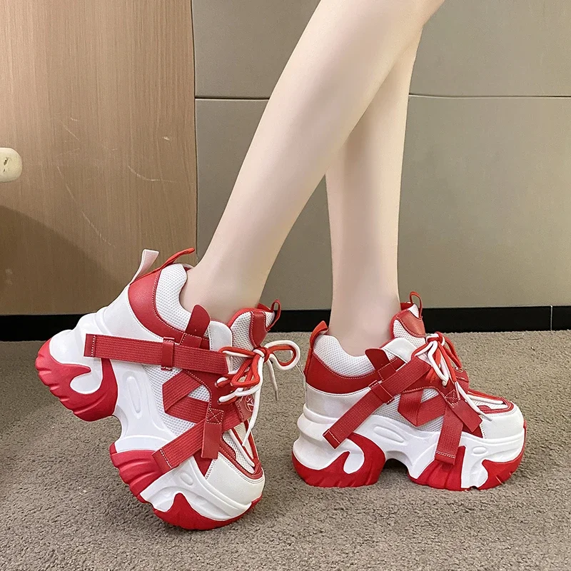 10.5cm Spring Autumn Women Casual Platform Sneakers High Heels Warm Sports Leather Shoes Trainers Chunky Sneakers Zapatos Mujer