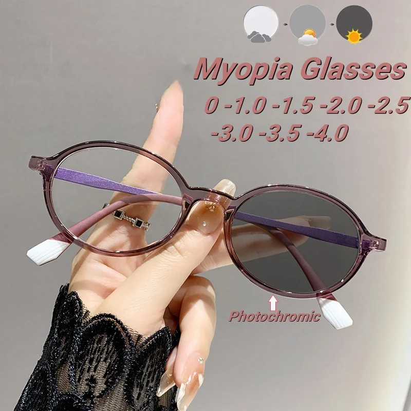

Retro Photochromic Myopia Glasses with Ultra Light Neutral Oval Small Frame and Anti Blue Light Color Changing Myopia Glasses