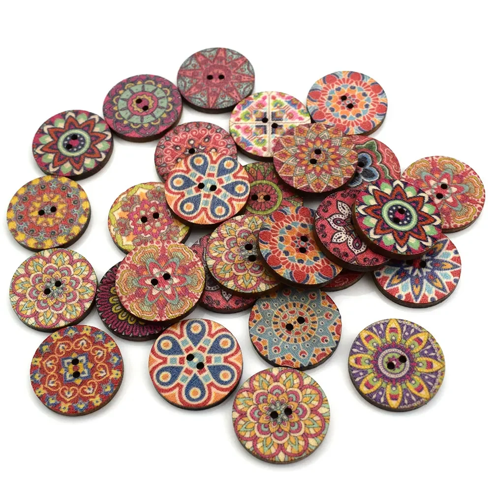 50PCS 15MM 20MM 25MM Vintage Flowers Wood Buttons Scrapbooking Sewing Craft Random Mixed Handmade Clothes Decor Button