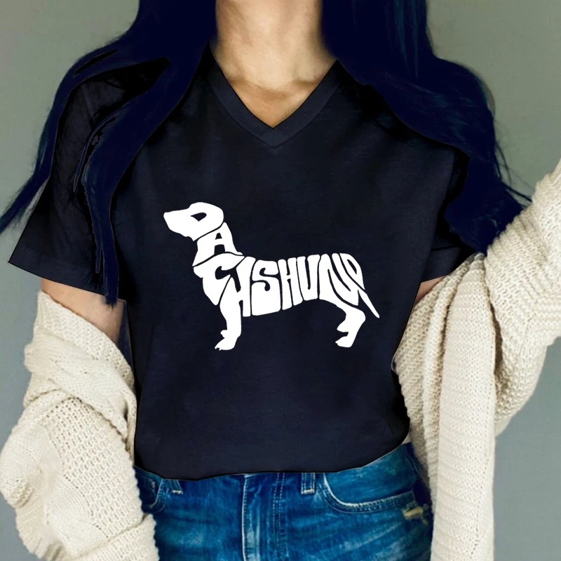 Women's Premium Word T-Shirt Dachshund Outline Graphic T Shirts Funny Dachshund Word Print Summer Clothes Dog Mom Essential Tops