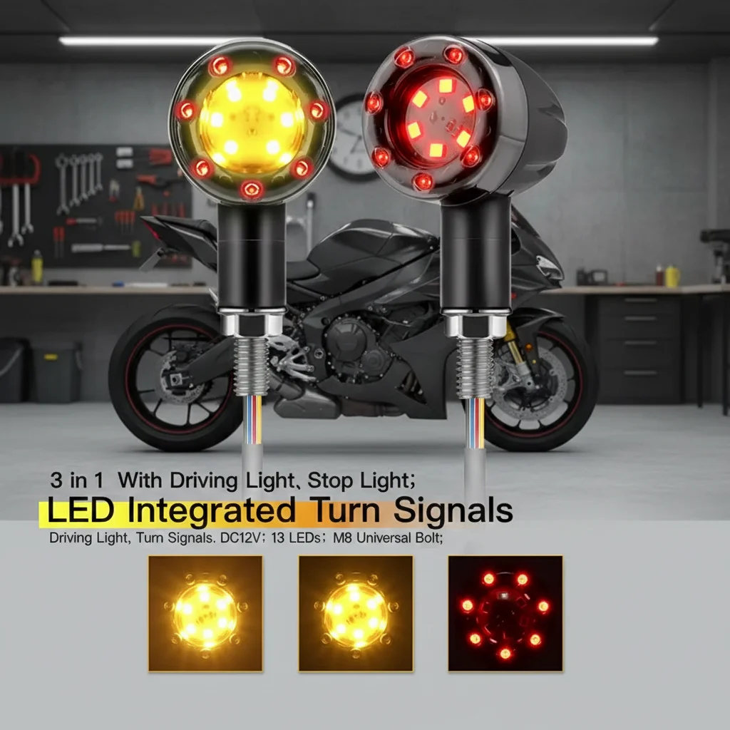 Universal 8mm LED Motorcycle Bullet Turn Signals - 12V Mini Amber/Red Stop Tail Lights for Brake & Indicator Functions