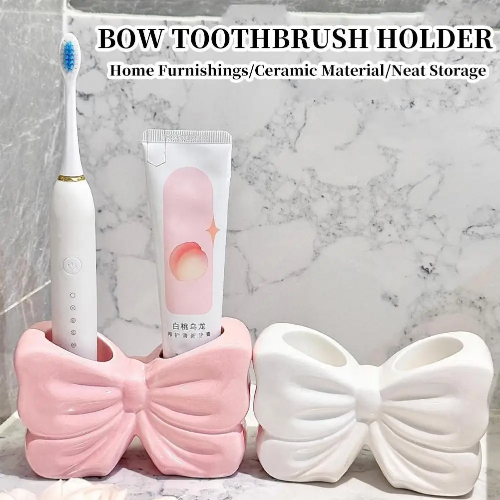 Ceramic Bow Toothbrush Holder - Creative Toothbrush and Toothpaste Storage Rack for Bathroom Organization 1pcs