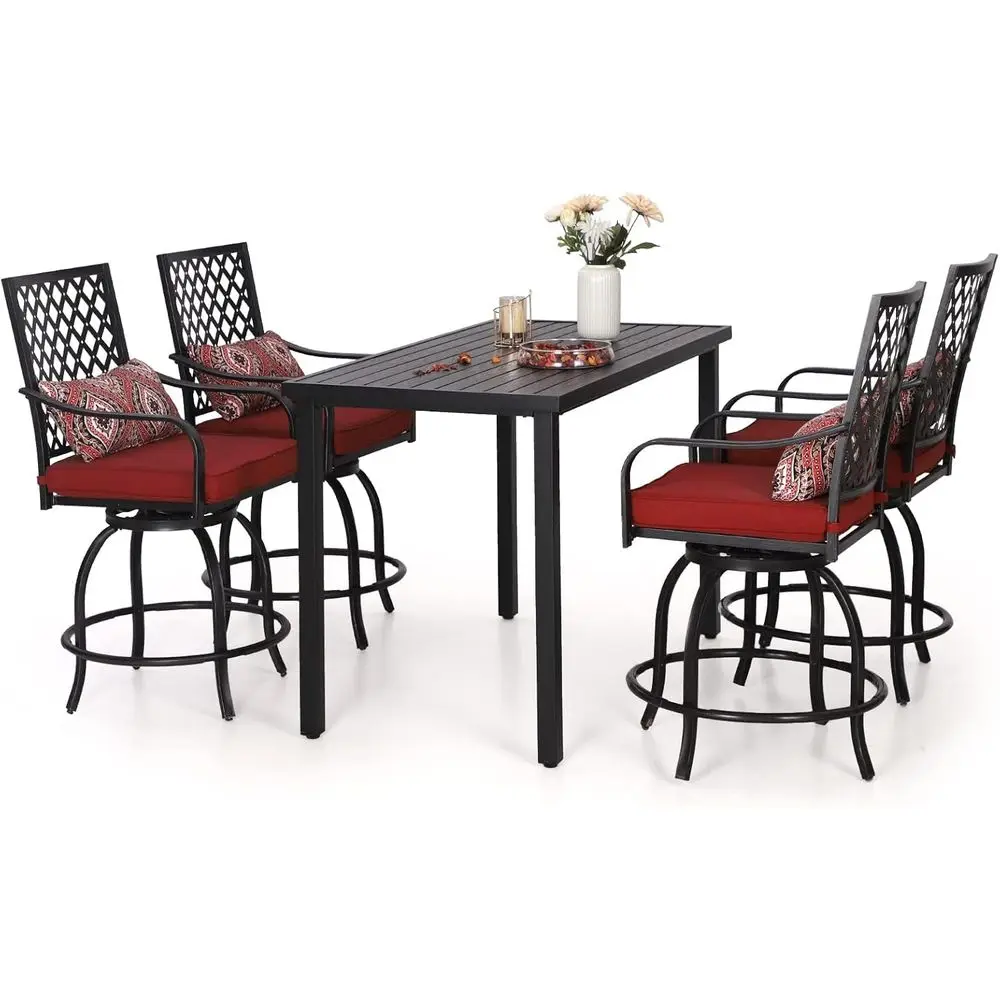 

5-Piece Outdoor Dining Set: 4 Swivel Bar Stools with Red Cushions & Bar Height Table for Patio, All-Weather Metal Furniture