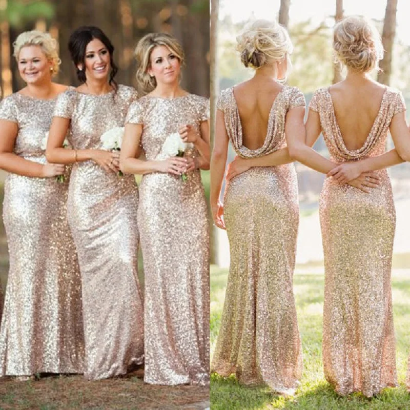 Champagne Gold Sequins Mermaid Bridesmaid Dresses Short Sleeves O Neck Summer Floor Length Formal Wedding Party Guest Gown