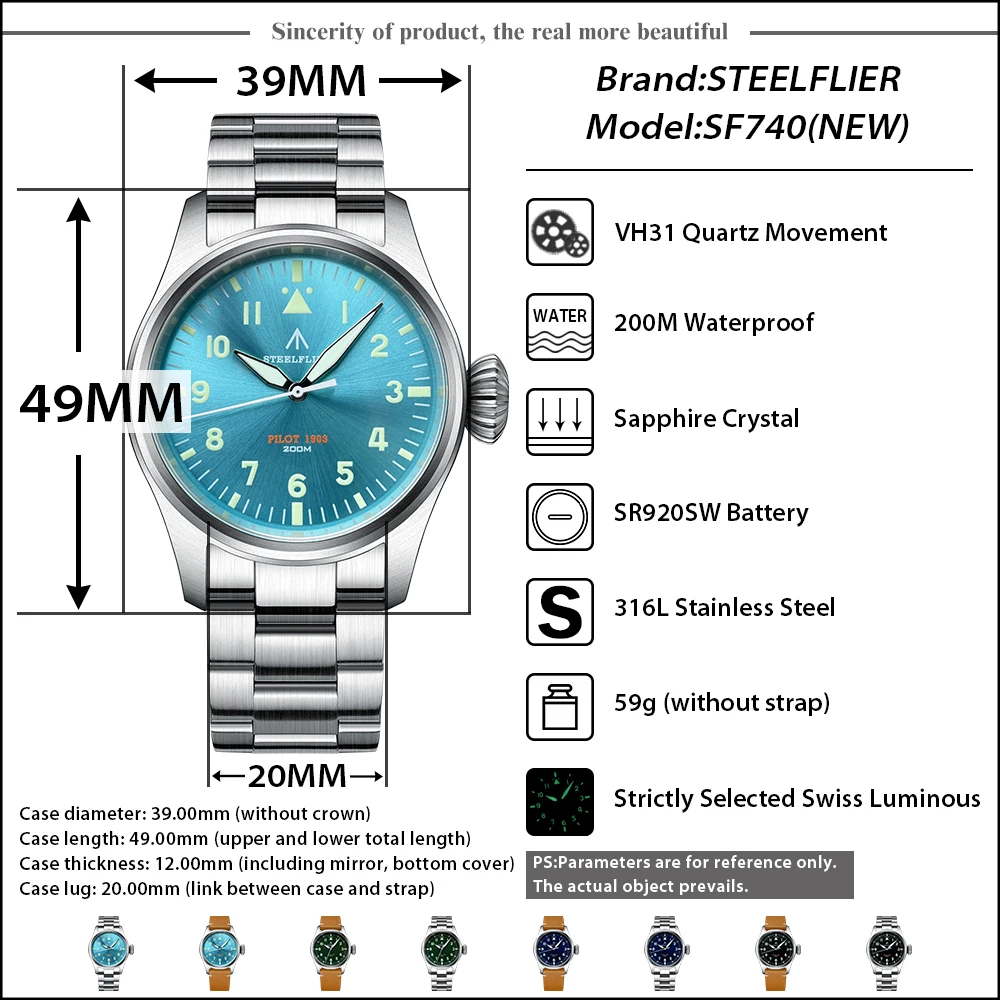 STEELFLIER Ufficiale SF740 V2 Orologio da polso al quarzo di lusso Pilota Grande Corona Super Luminoso VH31 Movimento Muto Orologio impermeabile di