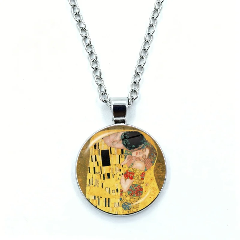Classic Gustav Klimt Abstract Figure Artwork Kiss Tree of Life Necklace for Women Jewelry Glass Pendant Fashion Necklace