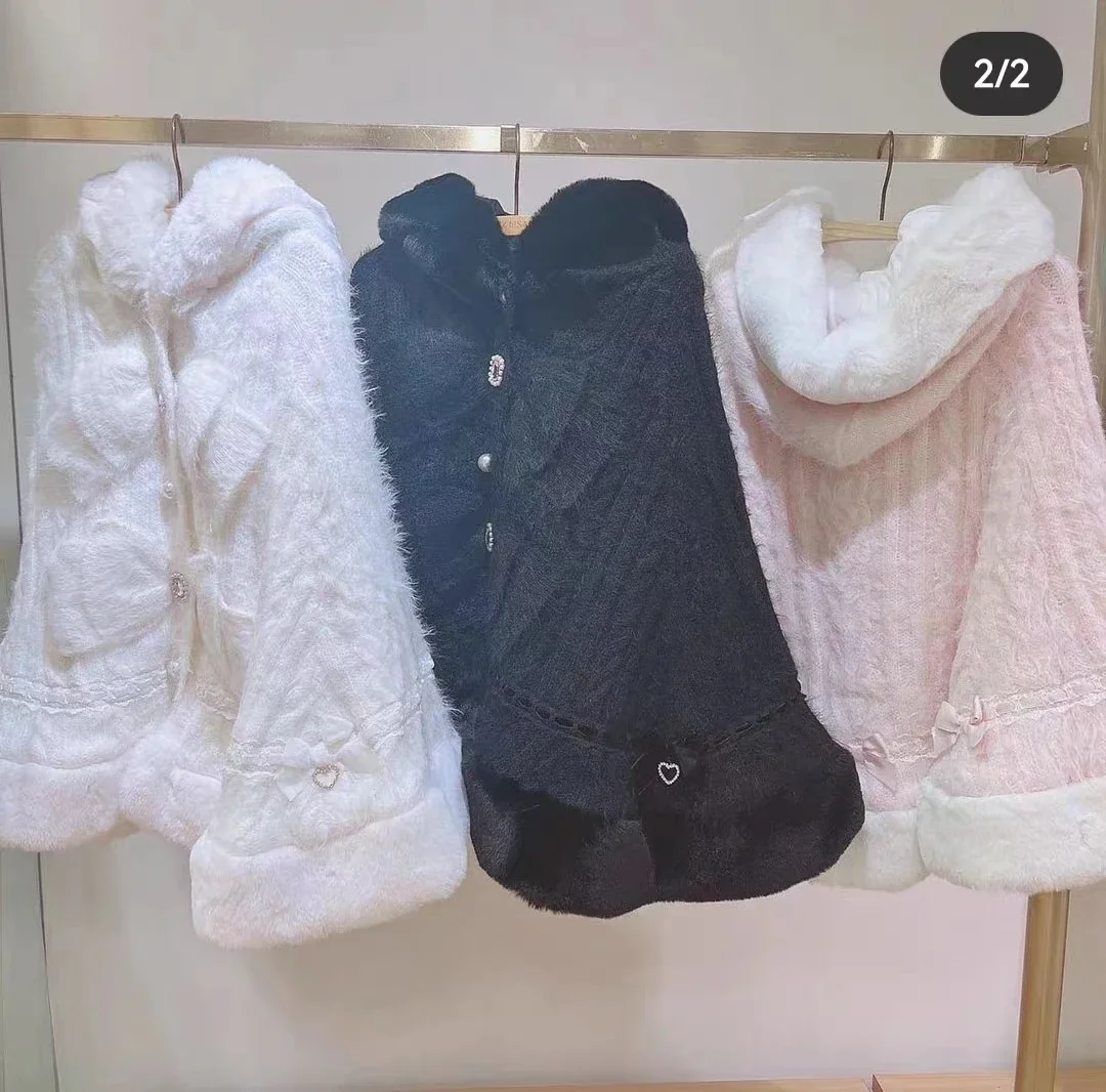 Liz estilo japonês doce macio grosso feminino dupla camada grande fita com capuz capa de malha outono e inverno ponchos jaqueta quente