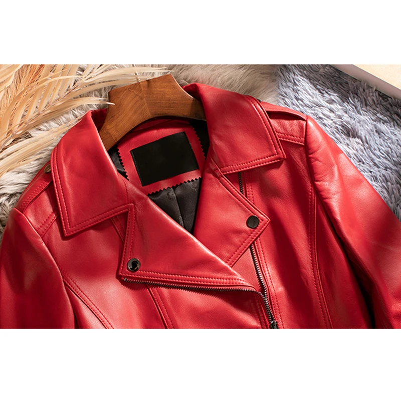 2025 New Red Real Leather Jacket for Women Fashion Short Genuine Sheepskin Female First Layer Leather Slim Fit Biker Jacket Tops