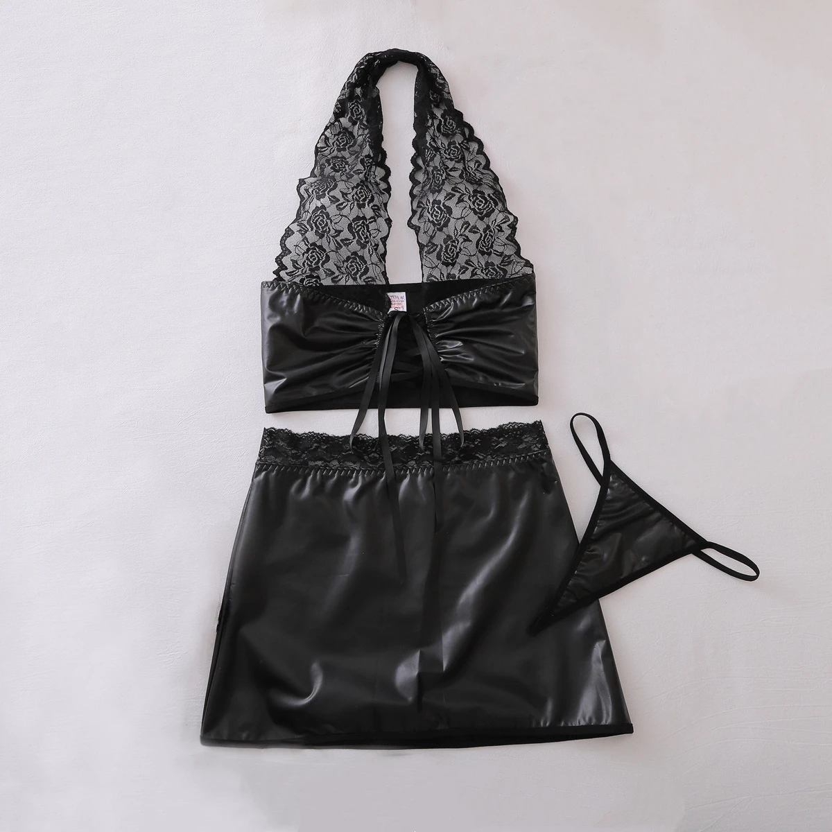 

Sexy Perspective Lace PU Leather Dress Suit Women Halter Neck Corset Patchwork Spicy Girl Hip Short Skirt Body Shaping Split Set