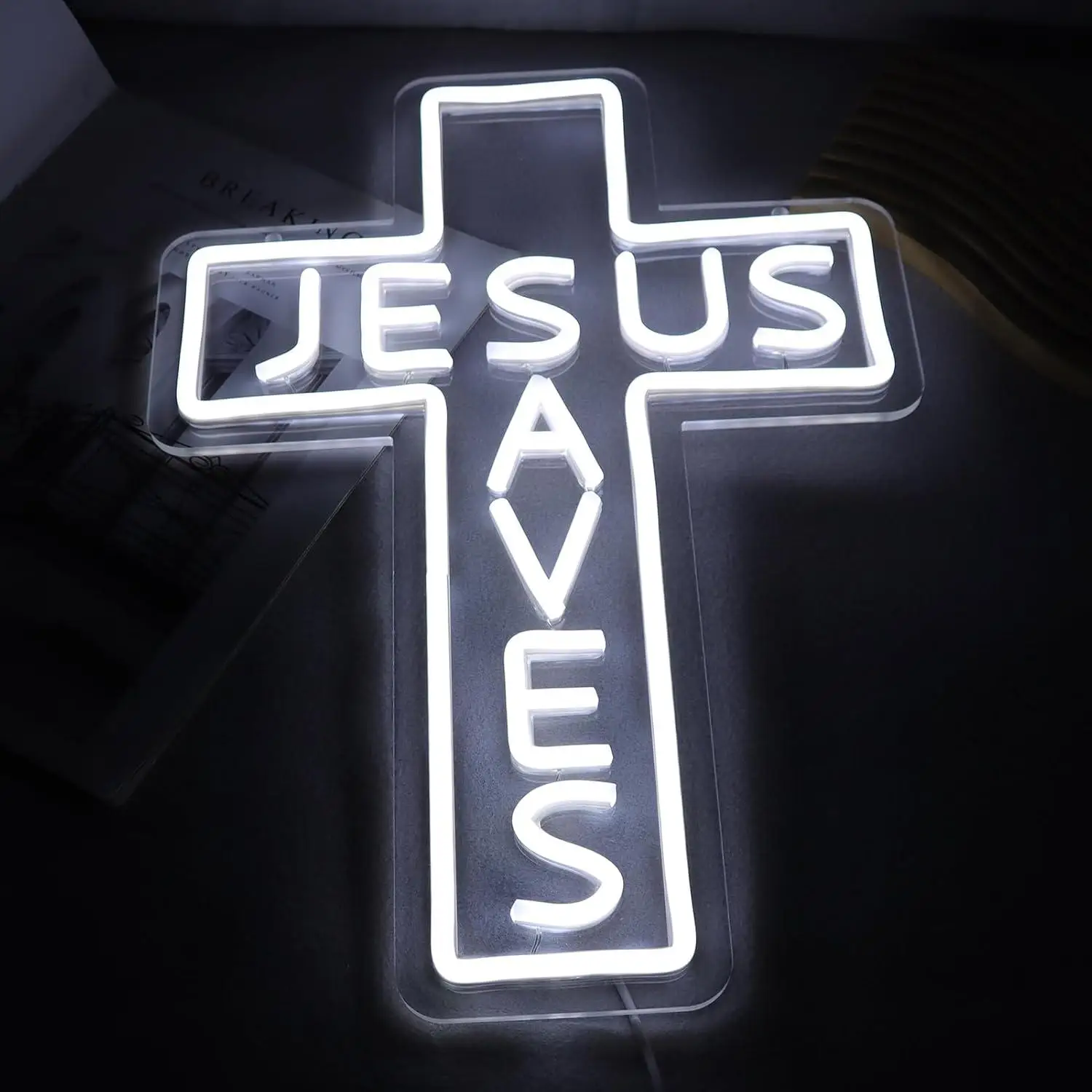Jesus Saves Cross Neon Signs USB Dimmable LED Neon Lights for Bedroom Living Room Church Man Cave Bar Restaurant Wall Art Decor