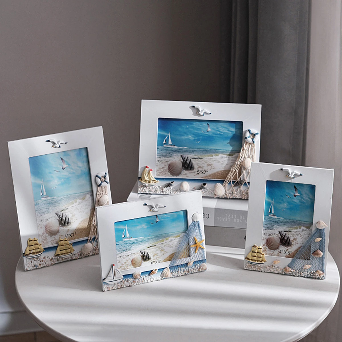 Wooden Photo Frame – Beach Nautical Style Picture Frame with Shell, Starfish, and Sailboat Ornaments for Home Decor Desktop Gift