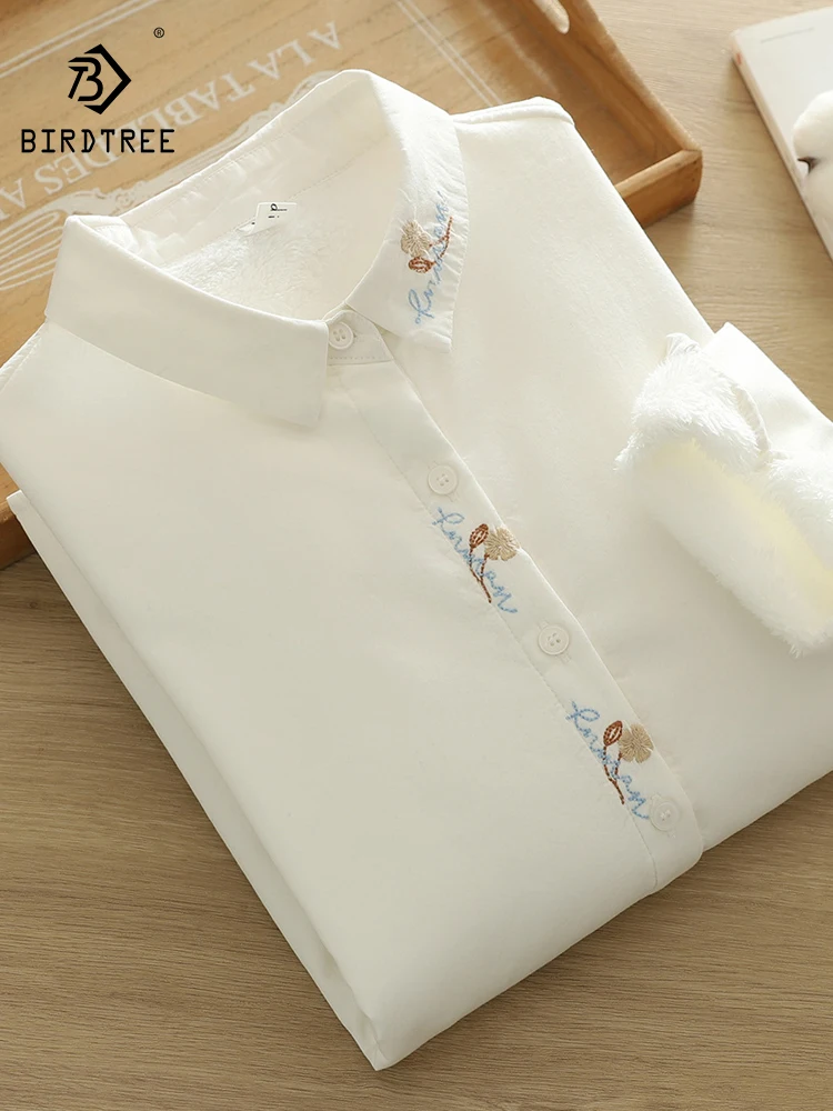 

New 2025 Autumn Cotton Long Sleeve Fleece Shirt, Women Turn-down Collar Embroidery, Mori Girl Literature Loose Blouse T5N151CC