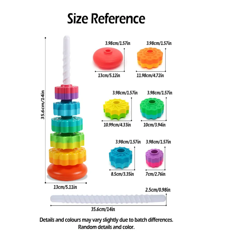 새로운 장난감 몬테소리 회전 레인보우 타워 스태킹 퍼즐 장난감 안전 및 환경 보호 컬러 어린이 장난감 선물