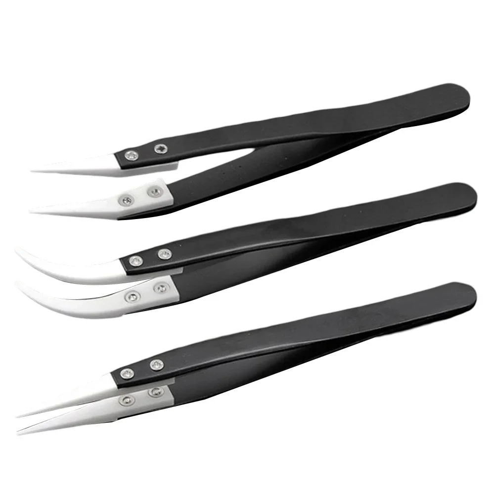 1/3pcs Anti-Static Ceramic Tweezers Stainless Steel Industrial Ceramic Tweezers Insulated Straight/Curved Tip Black-Whit Tweezer