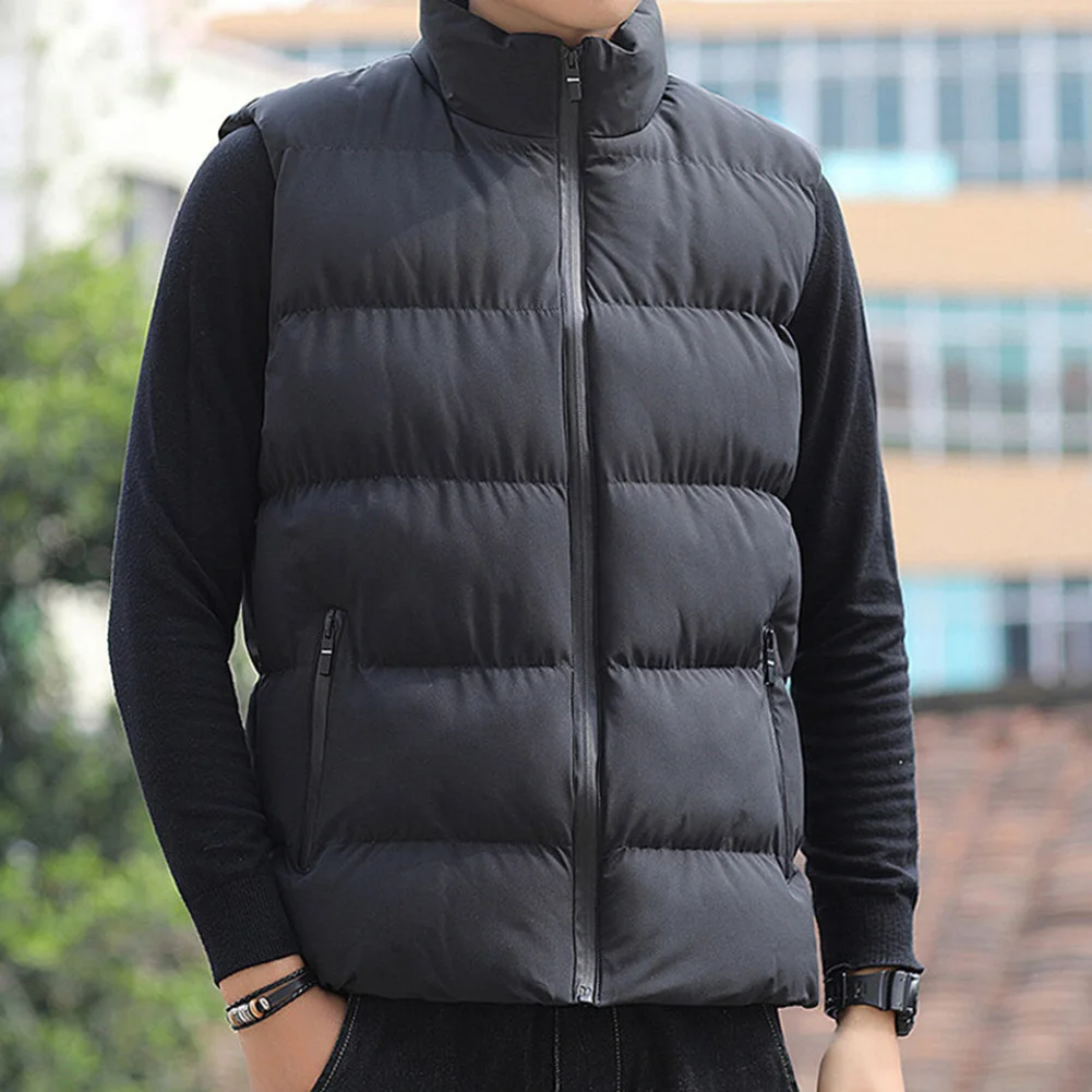 Thickened Sleeveless Waistcoat for Men Made from Polyester with Stand Collar and Regular Length for Year-Round Wear