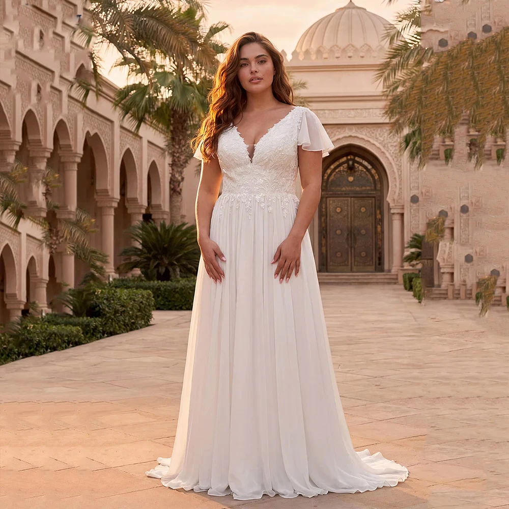 

Boho Plus Size Elegant Wedding Dresses For Bride V-neck A-line Bridal Gowns Ruffle Sleevel Applique Brides dress Customized