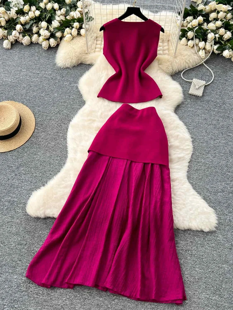 Sommer Frauen Ärmelloses Strick Top Hohe Taille Spleißen Hüfte Umarmt Rock Set Temperament High-end-Zwei-stück Set