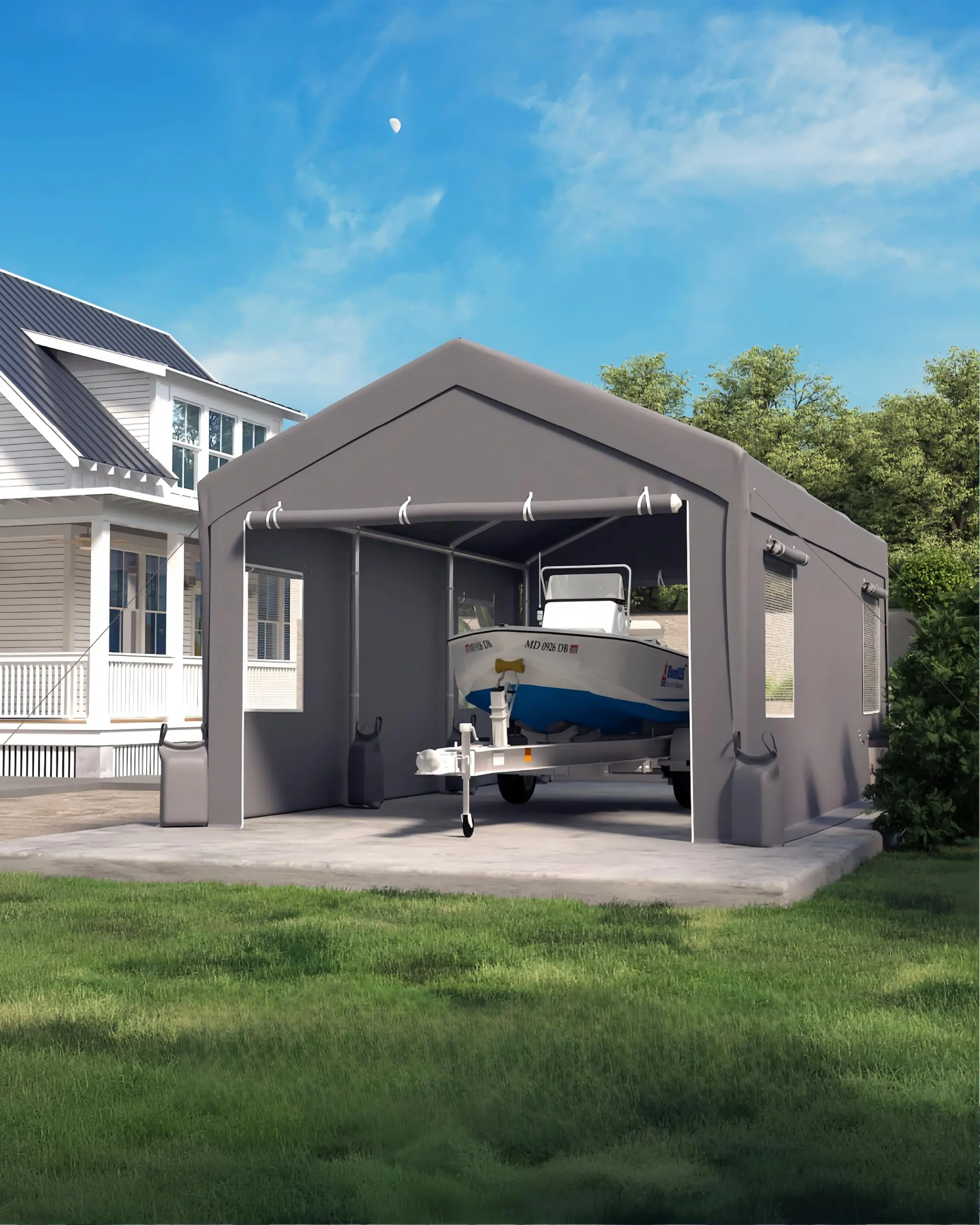 20x10x11 Ft Heavy-Duty Portable Garage with Canopy Top, Front and Back Doors, Roll-Up Windows, Carport Reinforced