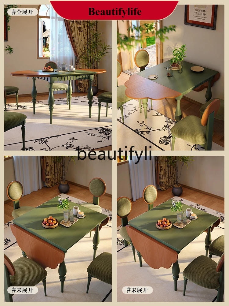 

Q132 French retro style solid wood dining table household folding French medium-ancient green small apartment ash wood dining ta