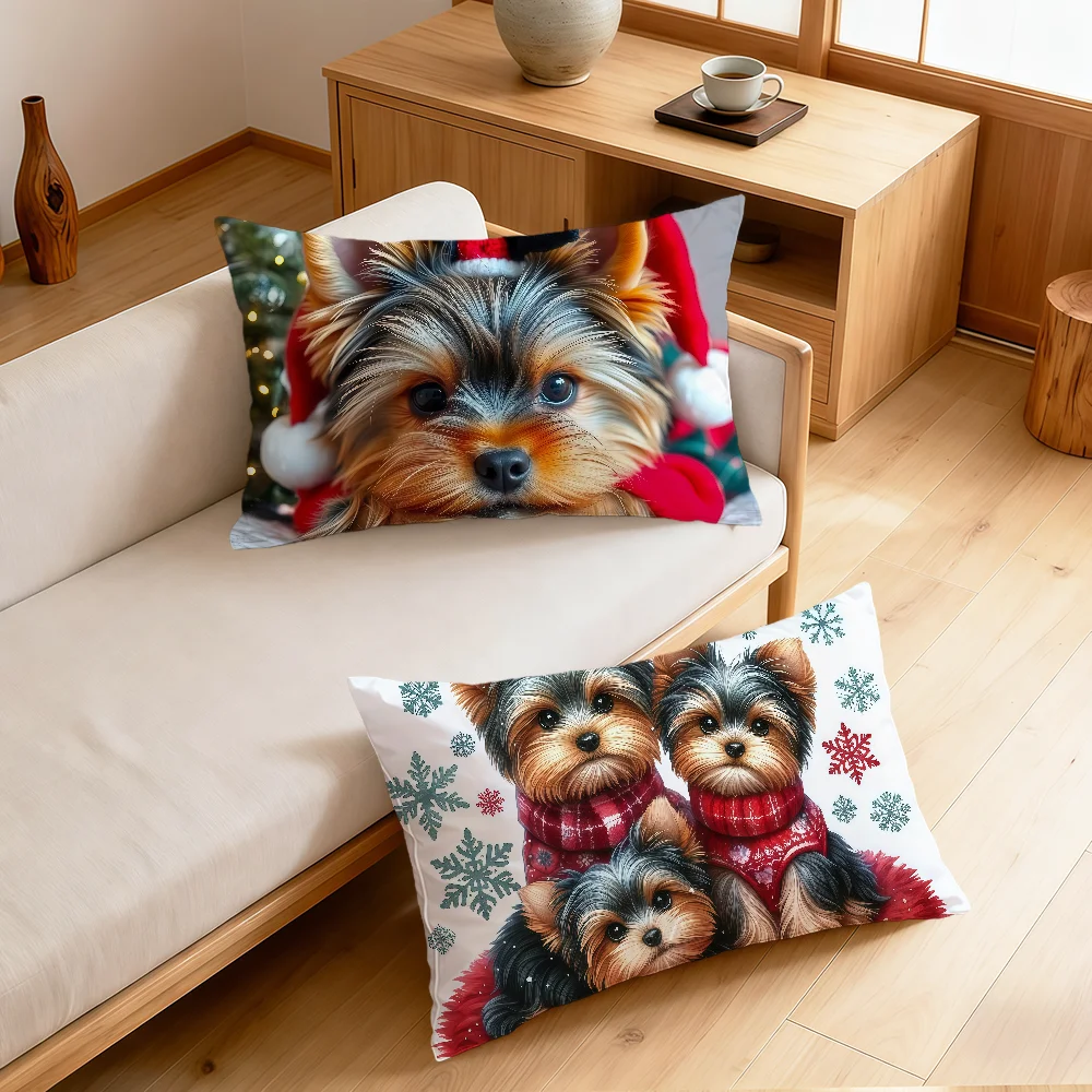 Christmas Holiday Cute Puppy Art Yorkshire Terrier Rectangle Pillow Cover Home Sofa living Room bedside Dorm Pillowcase gift