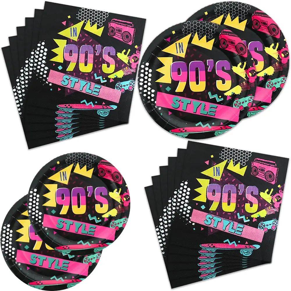 10 Stück 90er-Jahre-Partyzubehör im Retro-Vaporwave-Disco-Thema mit 90er-Jahre-Graffiti-Muster, inklusive Partyteller im 7"/9" 90er-Jahre-Graffiti-Stil und 9 – Detail 4