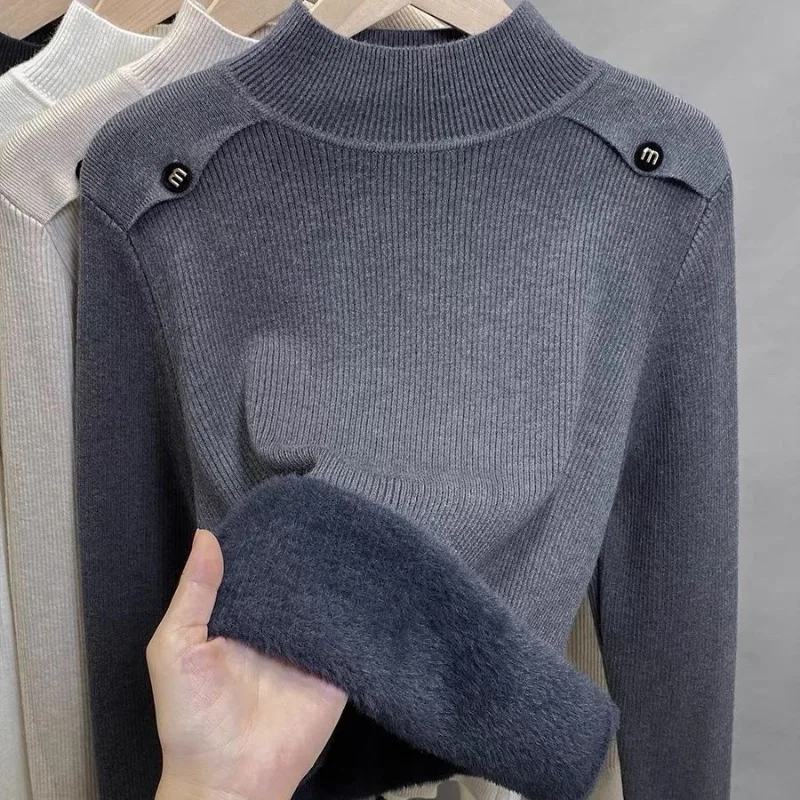 Women Fleece Lined Half Turtleneck Sweater Autumn Winter Slim Knit Base Top Warm Inner Shirt