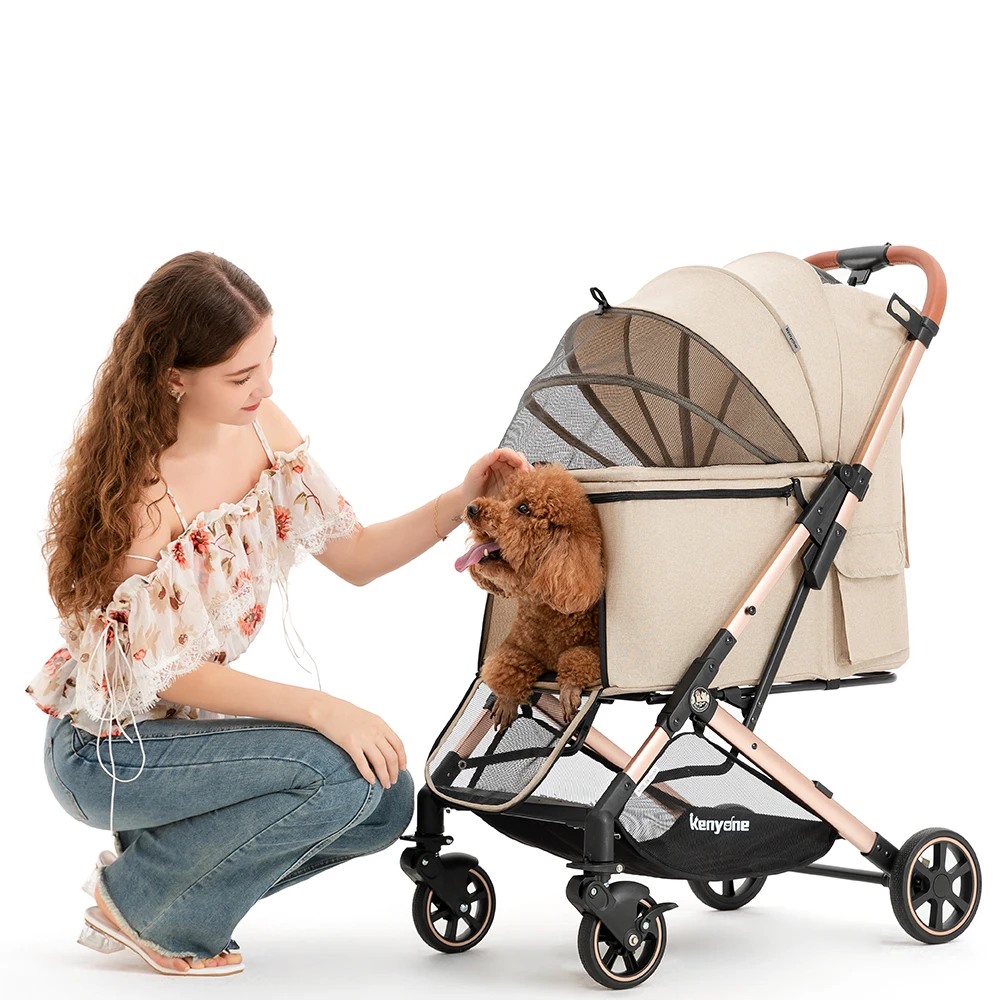 Medium Large Dog Cat Stroller Lightweight Aluminum Frame One Click Folding No Zip Entry Detachable Mesh Multiple Pockets