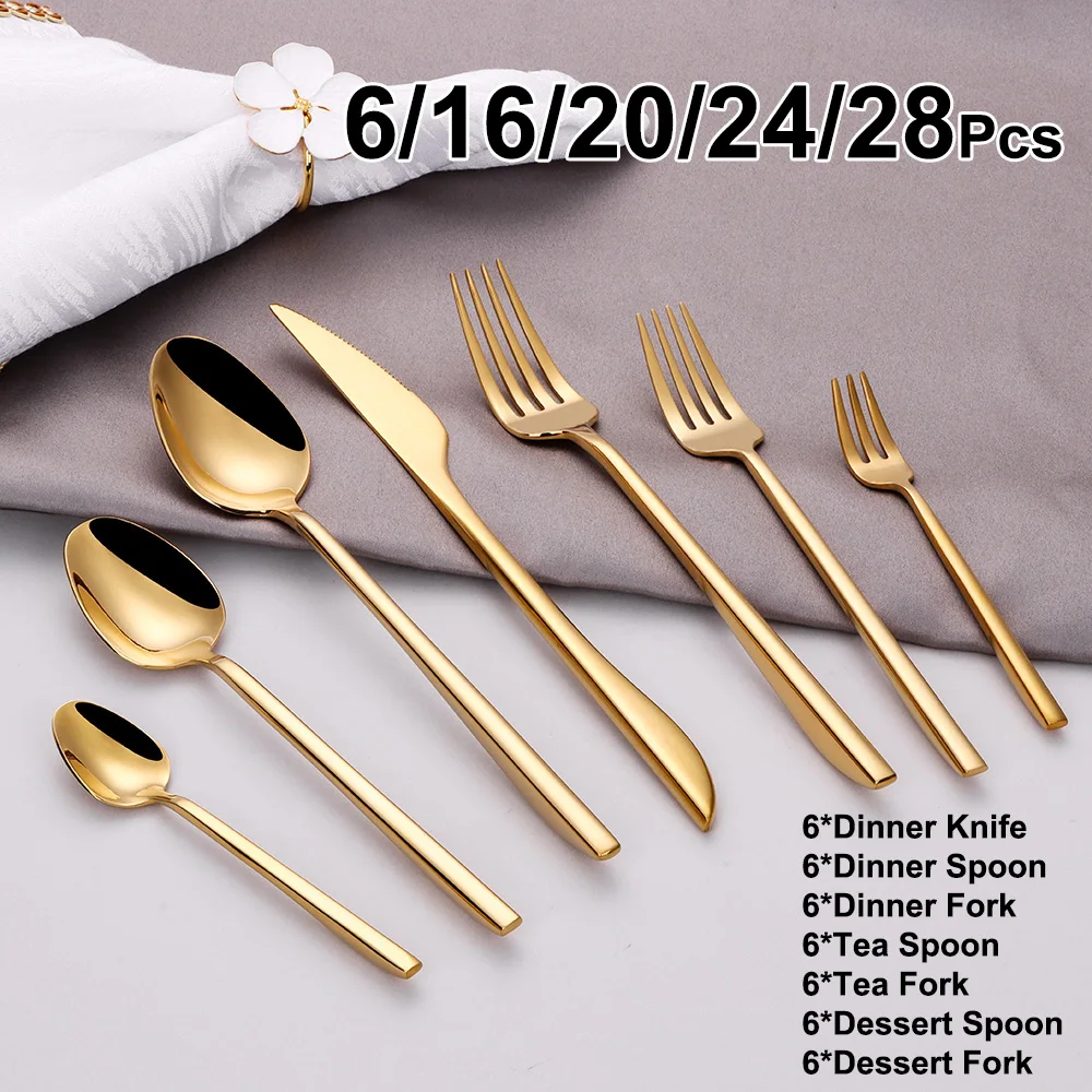 6/16/20/24/28Pcs Gold Tableware Stainless Steel 304 Cutlery Set Mirror Dinner Set Western Knife Fork Spoon Elegant Flatware