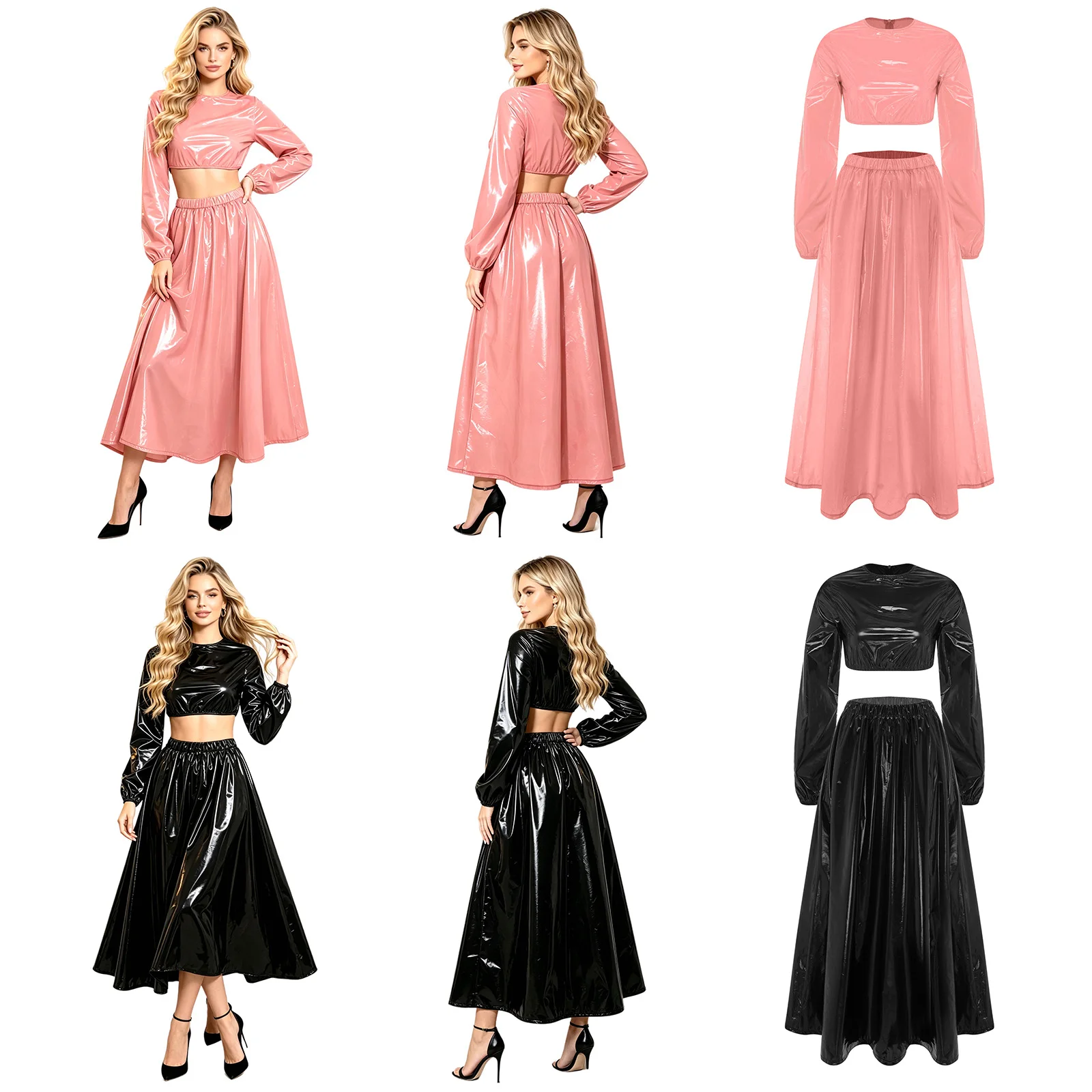 Women Waterproof 2 Pieces Skirts Outfit Glossy Faux Leather Crop Top with Swing Maxi Dress Y2K Rave Party Club Dance Suits