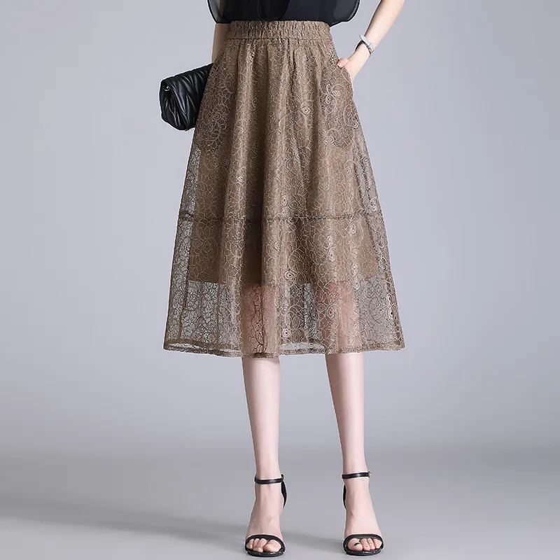 

New Autumn Lace Skirt for Women Medium Length Big Size High Waist Elastic Waist A-line Skirt Elegant Midi Skirt Officelady 2023