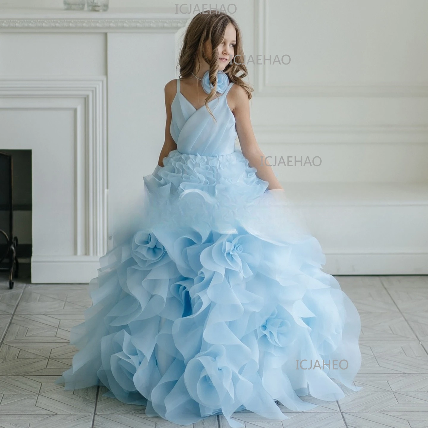 2026 New Blue Tulle Cake Skirt Model CatwalkChildren's Dress  Girls European American Princess Dress Birthday Party Dress