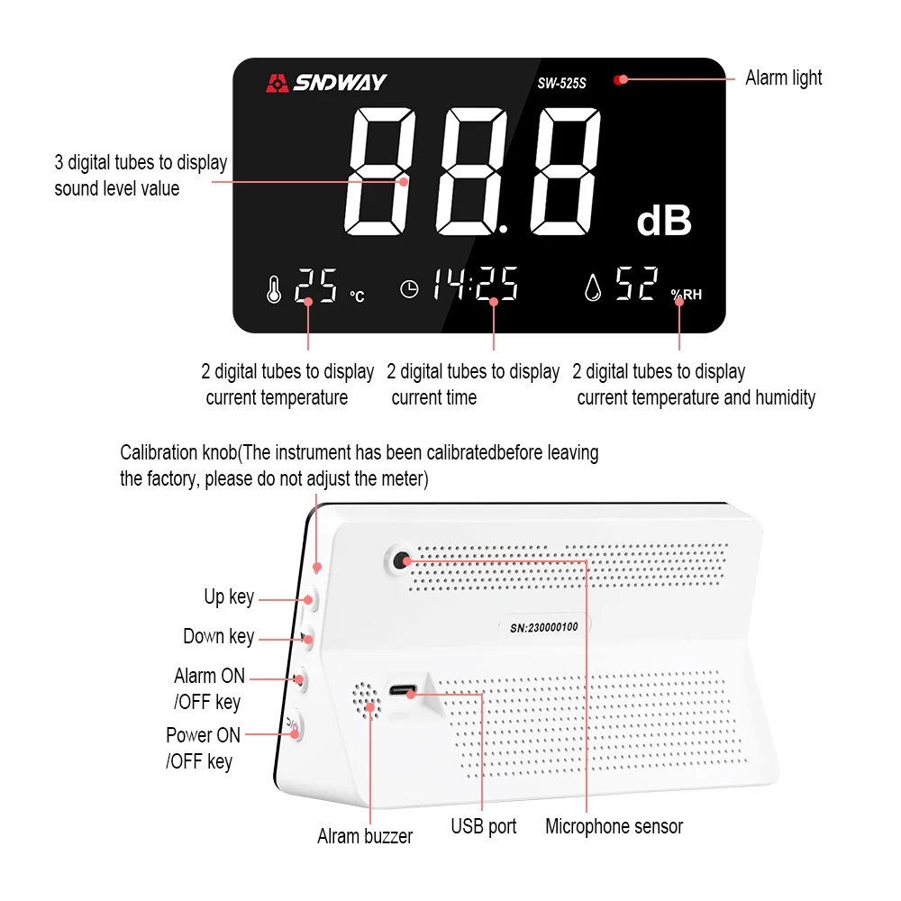 SNDWAY Decibel Noise Meter Sound Level Meter 30dB-130dB Audio Noise Monitoring Tester with Temperature Humidity Meter/Time